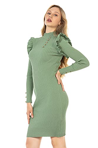 Cipo & Baxx Damen Freizeit Kleid Strickkleid Rüschen Knielang Stehkragen Strick WP224 Mint M von Cipo & Baxx