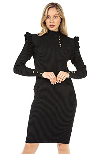 Cipo & Baxx Damen Freizeit Kleid Strickkleid Rüschen Knielang Stehkragen Strick WP224 Schwarz M von Cipo & Baxx