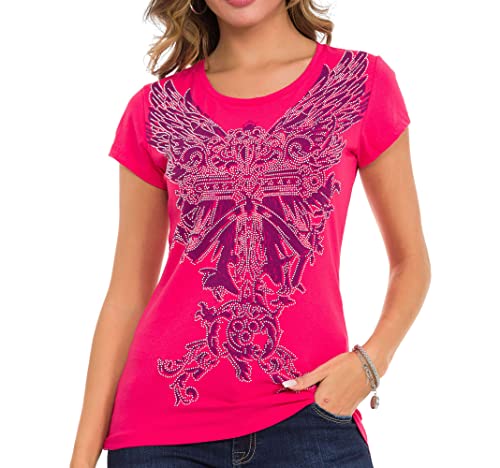 Cipo & Baxx Damen Freizeitshirt T-Shirt Print mit Strassstein Kurzarm Rundhals WT341 Fuchia XL von Cipo & Baxx