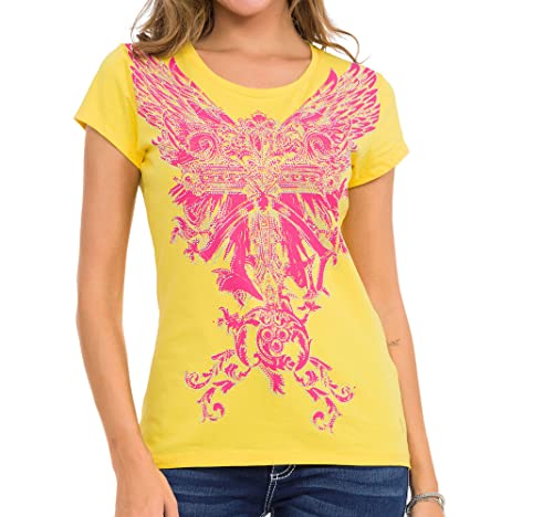 Cipo & Baxx Damen Freizeitshirt T-Shirt Print mit Strassstein Kurzarm Rundhals WT341 Gelb XL von Cipo & Baxx