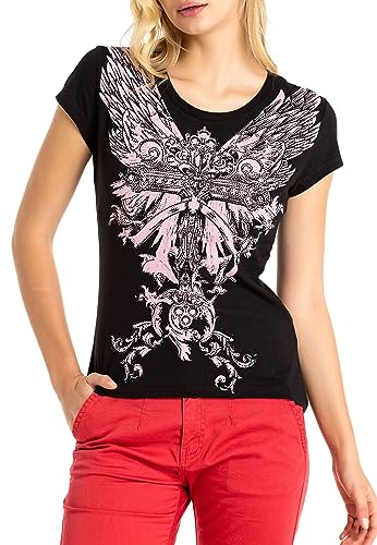 Cipo & Baxx Damen Freizeitshirt T-Shirt Print mit Strassstein Kurzarm Rundhals WT341 Schwarz XL von Cipo & Baxx
