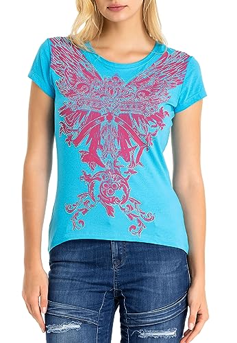 Cipo & Baxx Damen Freizeitshirt T-Shirt Print mit Strassstein Kurzarm Rundhals WT341 Türkis M von Cipo & Baxx
