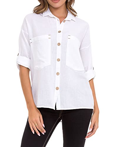 Cipo & Baxx Damen Hemd Holzknöpfe Langarm Leinen Baumwolle WH132 Weiß M von Cipo & Baxx