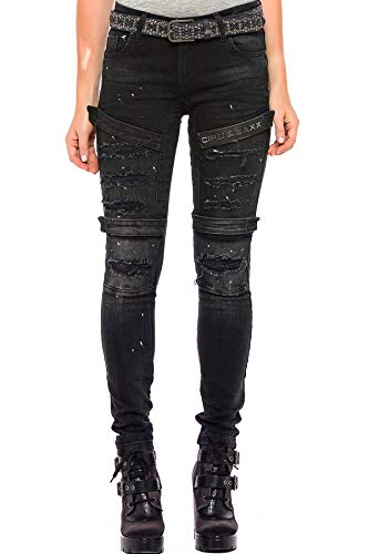 Cipo & Baxx Damen Jeans Hose Destroyed Ausgefallen Denim Biker Jeans Slim Fit Design Pants Jeanshose Schwarz W27 L34 von Cipo & Baxx