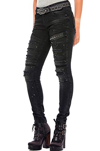 Cipo & Baxx Damen Jeans Hose Destroyed Ausgefallen Denim Biker Jeans Slim Fit Design Pants Jeanshose Schwarz W29 L34 von Cipo & Baxx