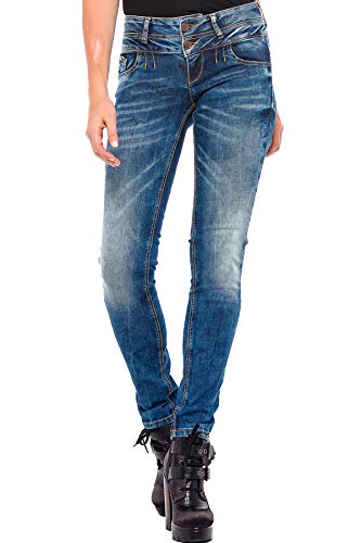 Cipo & Baxx Damen Jeans Hose Doppelbund Slim Fit Used Look Denim Jeanshose Pants Design WD379 Blau W27 L34 von Cipo & Baxx