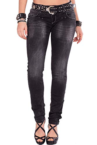 Cipo & Baxx Damen Jeans Hose Röhren Jeans Used 5 Pocket Klassich Modern Denim Hose W26 L34 Schwarz von Cipo & Baxx