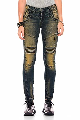 Cipo & Baxx Damen Jeans Hose Röhrenjeans Skinny Fit RIPP-Details Used Slimfit Denim Hose WD362 Khaki W29 L34 von Cipo & Baxx