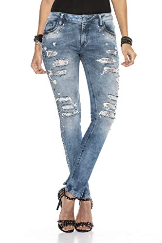 Cipo & Baxx Damen Jeans Hose Skinny Fit Straßsteine Used Destroyed Denim Pants WD406 Blau W29 L34 von Cipo & Baxx