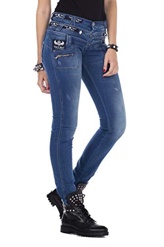 Cipo & Baxx Damen Jeans Hose Slim Fit Dreifachbund Used Straight Fit Denim Patches Pants CBW-0282 Blau W27 L32 von Cipo & Baxx