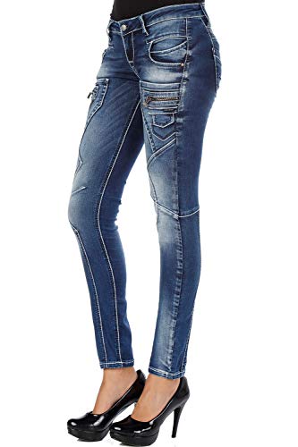 Cipo & Baxx Damen Jeans WD200B Blau - Slim Fit Skinny Jeans Hose - Mit niedriger Taille, bestickten Applikationen & Reißverschlusstaschen - WD200B Blau W26-L34 von Cipo & Baxx