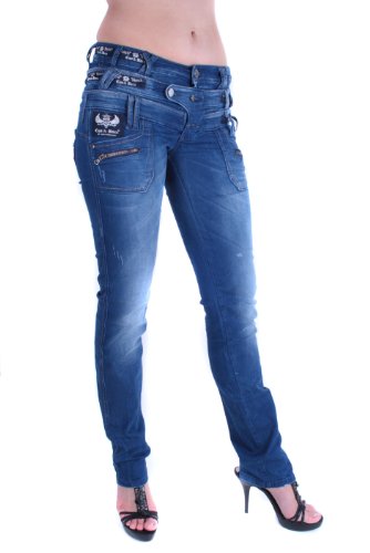 Cipo & Baxx Damen Jeans Hose Slim Fit Dreifachbund Used Straight Fit Denim Patches Pants CBW-0282 Blau W26 L34 von Cipo & Baxx