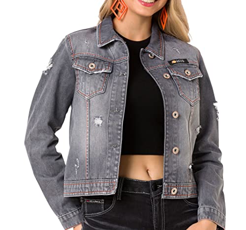 Cipo & Baxx Damen Jacke WC206 Grau – Stylische Jeansjacke im Modernen Casual Look mit Knopfleiste & Brusttaschen – Übergangsjacke für Alltag & Freizeit – WC206 Grau S Cipo & Baxx Damen Jacke WC206 Grau – Stylische Jeansjacke im Modernen Casual Look mit Knopfleiste & Brusttaschen – Übergangsjacke für Alltag & Freizeit – WC206 Grau S von Cipo & Baxx