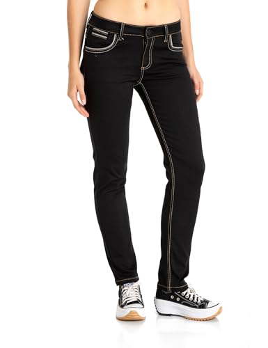 Cipo & Baxx Damen Jeans WD256 Schwarz - Slim Fit Straight Jeans - Mit bestickten Taschen, Raffinierter Look & angenehmes Gefühl - WD256 Schwarz W29-L32 von Cipo & Baxx