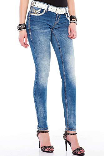 Cipo & Baxx Damen Jeans WD343 Blau - Slim Fit Straight Jeans - Mit Stickereien auf Gesäßtaschen, Raffinierter Look & angenehmes Gefühl - WD343 Blau W32-L32 von Cipo & Baxx