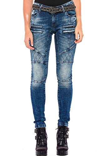 Cipo & Baxx Damen Jeanshose Biker Denim Slim Fit Used Look Taschen Ausgefallen Jeans Hose Blau W28 L32 von Cipo & Baxx