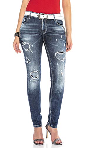 Cipo & Baxx Damen Jeanshose Denim Used Zerrissen Destroyed Hose Ziersteine Regular Fit Jeans Pants WD423 Blau W29 L32 von Cipo & Baxx