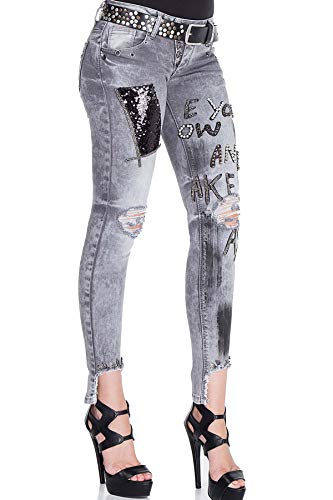 Cipo & Baxx Damen Jeanshose Destroyed Slim Fit Pailletten Patches Denim Jeans Pants Grau W27 L34 von Cipo & Baxx