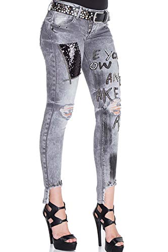 Cipo & Baxx Damen Jeanshose Destroyed Slim Fit Pailletten Patches Denim Jeans Pants Grau W29 L32 von Cipo & Baxx