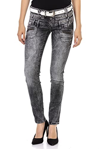 Cipo & Baxx Damen Jeans WD431 Schwarz - Slim Fit Straight Jeans Hose - Röhrenjeans mit trendigem Doppelbund, Atemberaubender Rockige Look, Angenehmes Gefühl - WD431 Schwarz W31-L34 von Cipo & Baxx