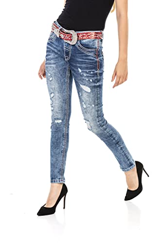 Cipo & Baxx Damen Jeanshose Slim Fit Denim Kontrastnähte Pants Destroyed Used Jeans WD442 Blau W31 L34 von Cipo & Baxx