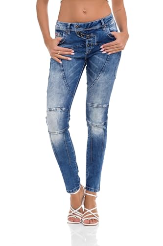 Cipo & Baxx Damen Jeanshose Slim Fit Ziernähte Denim Jeans Straight Hose Baumwolle WD502 Blau W27 L32 von Cipo & Baxx