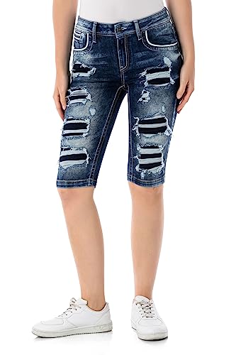 Cipo & Baxx Damen Jeansshorts Destroyed Used Capri Pants Kurze Hose Freizeit Bermuda WK181 Blau W25 von Cipo & Baxx