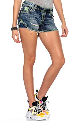 Cipo & Baxx Damen Jeansshorts Freizeit Used Denim Kurze Hose Hotpants Shorts Neon-Naht WK157 Blau 26 von Cipo & Baxx