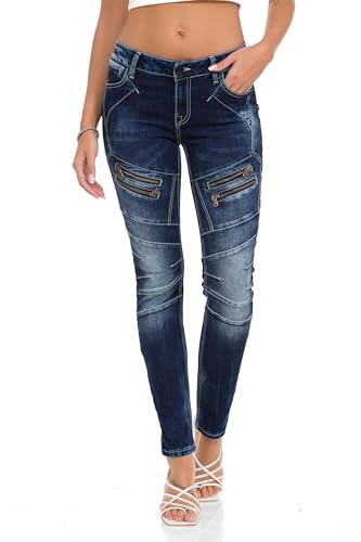 Cipo & Baxx Damen Jeans WD501 Blau - Slim Fit Straight Jeans Hose - Mit Ziernähten Zippern und Markenlogo, Angenehmes Gefühl - 97% Baumwolle 3% Elastan - WD501 Blau W29-L32 von Cipo & Baxx