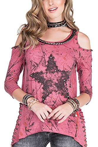 Cipo & Baxx Damen Langarmshirt Asymmetrisch Longsleeve Rundhalsausschnitt Shirt mit Nieten Burgundy XS von Cipo & Baxx