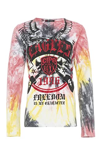 Cipo & Baxx Damen Langarmshirt Aufdruck Print Rundhals Batikwaschung Strasssteine Shirt Pullover WL291 Gelb L von Cipo & Baxx