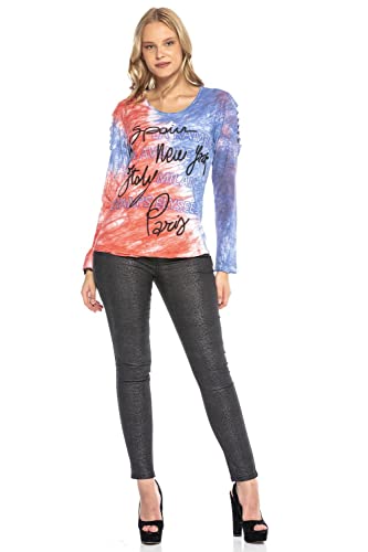 Cipo & Baxx Damen Langarmshirt Batik Waschung Rundhals Cut-Outs Sweatshirt Pullover Strassteine Blau-Pink XL von Cipo & Baxx