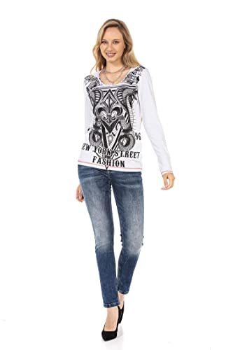 Cipo & Baxx Damen Langarmshirt Print Shirt Rundhals Glitzersteine WL285 Weiß M von Cipo & Baxx