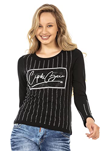 Cipo & Baxx Damen Langarmshirt Sweat Print Longsleeve Pullover Shirt Strass WL289 Schwarz S von Cipo & Baxx