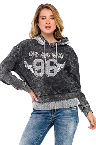 Cipo & Baxx Damen Langarmshirt Sweater Kapuzenpullover Hoodie Sweatshirt Ziersteine Print Netzgewebe Anthracite S von Cipo & Baxx