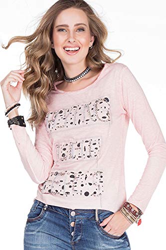 Cipo & Baxx Damen Longsleeve Langarmshirt Pullover Rundhals Shirt Stein-Besatz Design Ausgefallen Pink S von Cipo & Baxx