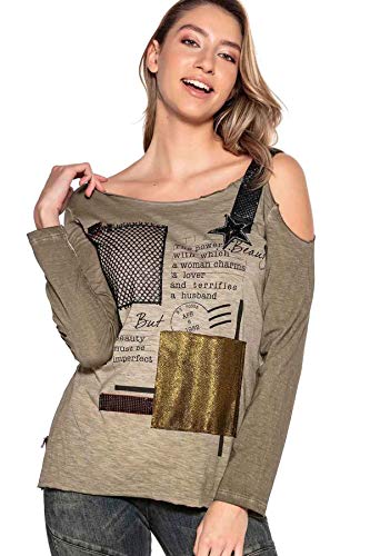 Cipo & Baxx Damen Longsleeve Sweatshirt Langarmshirt Pullover One-Shoulder-Stil Glitzer Cut-Out im Schulterbereich Khaki L von Cipo & Baxx