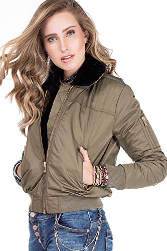 Cipo & Baxx Damen Jacke WJ141 Khaki – Klassische Bomberjacke im Casual Streetwear Look mit Reißverschluss & Fellkragen – Stylische Übergangsjacke für Alltag & Freizeit – WJ141 Khaki L von Cipo & Baxx