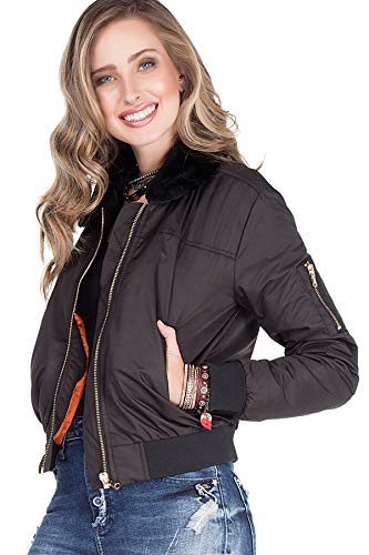 Cipo & Baxx Damen Jacke WJ141 Schwarz – Klassische Bomberjacke im Casual Streetwear Look mit Reißverschluss & Fellkragen – Stylische Übergangsjacke für Alltag & Freizeit – WJ141 Schwarz XS von Cipo & Baxx