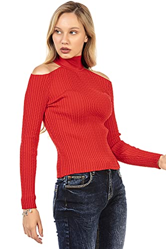 Cipo & Baxx Damen Pullover Rollkragen Pulli Rippenstrick Off Shoulder Schulterfrei WP205 Rot XL von Cipo & Baxx