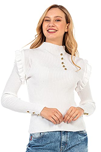 Cipo & Baxx Damen Pullover Rüschenbesatz Knopfleiste Pulli Kragen Strick WP209 Ecru M von Cipo & Baxx