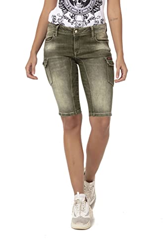 Cipo & Baxx Damen Shorts Kurzehose Sommer Bermuda Capri Jeansshorts Cargotaschen WK178 Khaki W27 von Cipo & Baxx