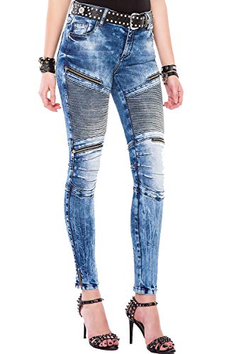 Cipo & Baxx Damen Skinny Jeans 5 Pocket Look High Rise Biker Denim Jeanshose mit Zippern Blau W27 L32 von Cipo & Baxx