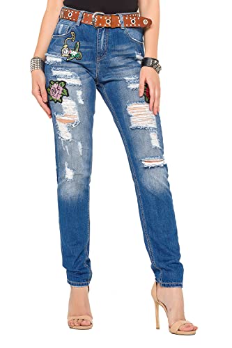 Cipo & Baxx Damen Slim Fit Jeans Hose Destroyed Used High Waist Denim Stickerei Pants WD303 Blau W26 L32 von Cipo & Baxx