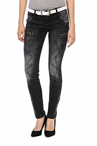 Cipo & Baxx Damen Slim Fit Jeanshose Ausgefallen Freizeit Hose Reißverschluss WD437 Schwarz W26 L32 von Cipo & Baxx