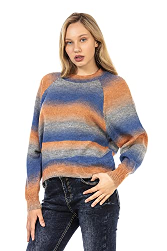 Cipo & Baxx Damen Strick Pullover Raglanärmeln Pulli Sweatshirt Streifen WP211 Blau-Orange XL von Cipo & Baxx