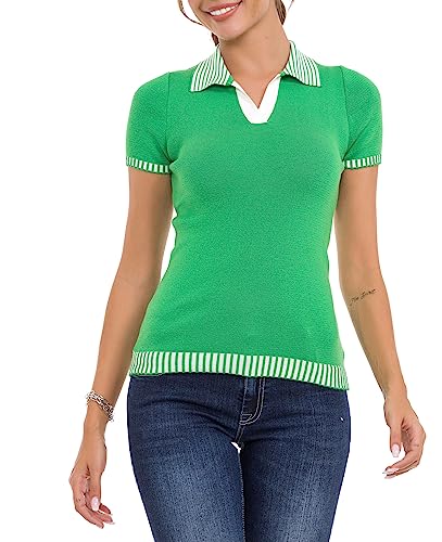 Cipo & Baxx Damen Strick Shirt Polokragen Streifen Kurzarm T-Shirt Tops WT354 Grün M von Cipo & Baxx