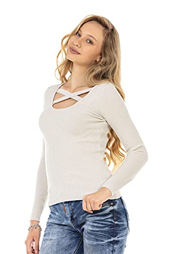 Cipo & Baxx Damen Strickpullover Überkreuzt Criss-Cross Details Rundkragen Pulli Langarm WP232 Stone S von Cipo & Baxx