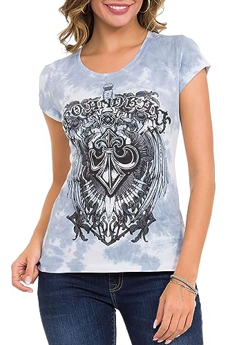 Cipo & Baxx Damen T-Shirt, Rundhalsausschnitt Kurzarm Baumwollmix Shirt, Glitzersteinchen Design, Tops für Damen, Frau Sommer Outfits, Casual Klamotten für Teenager Mädchen, WT352, Blue, M von Cipo & Baxx