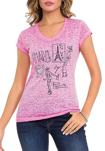 Cipo & Baxx Damen T-Shirt, V-Ausschnitt Kurzarm Baumwollmix Shirt, Design mit Funkelnde Strasssteine, Tops für Damen, Frau Sommer Outfits, Casual Klamotten für Teenager Mädchen, WT344, Pink, L von Cipo & Baxx